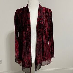 Burgundy Velvet  Velour Chiffon Trim Open Cardigan